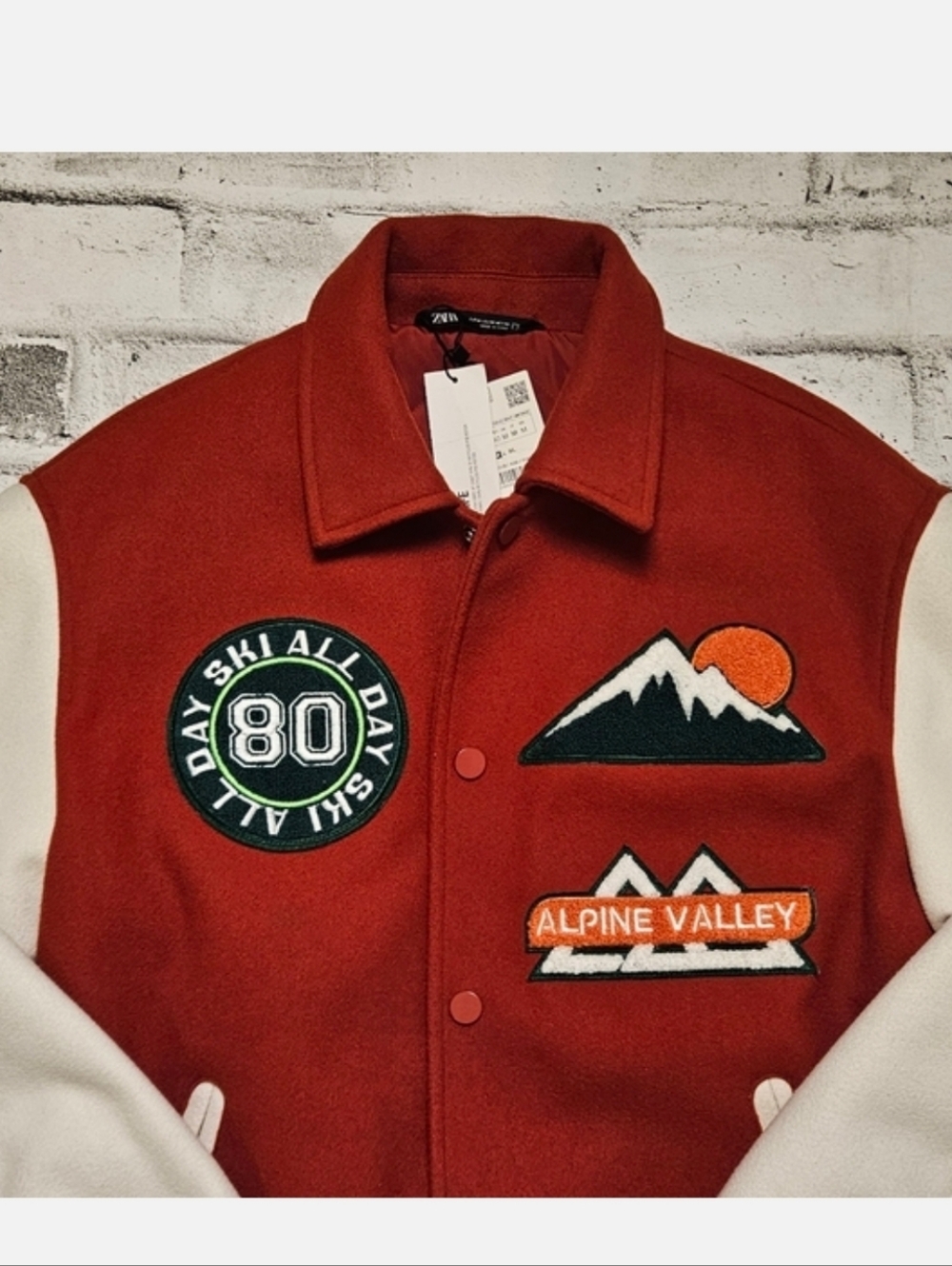 Zara Alpine Valley Varsity Jacket Red Ski Patch Wool Blend M - Picture 4 of 11